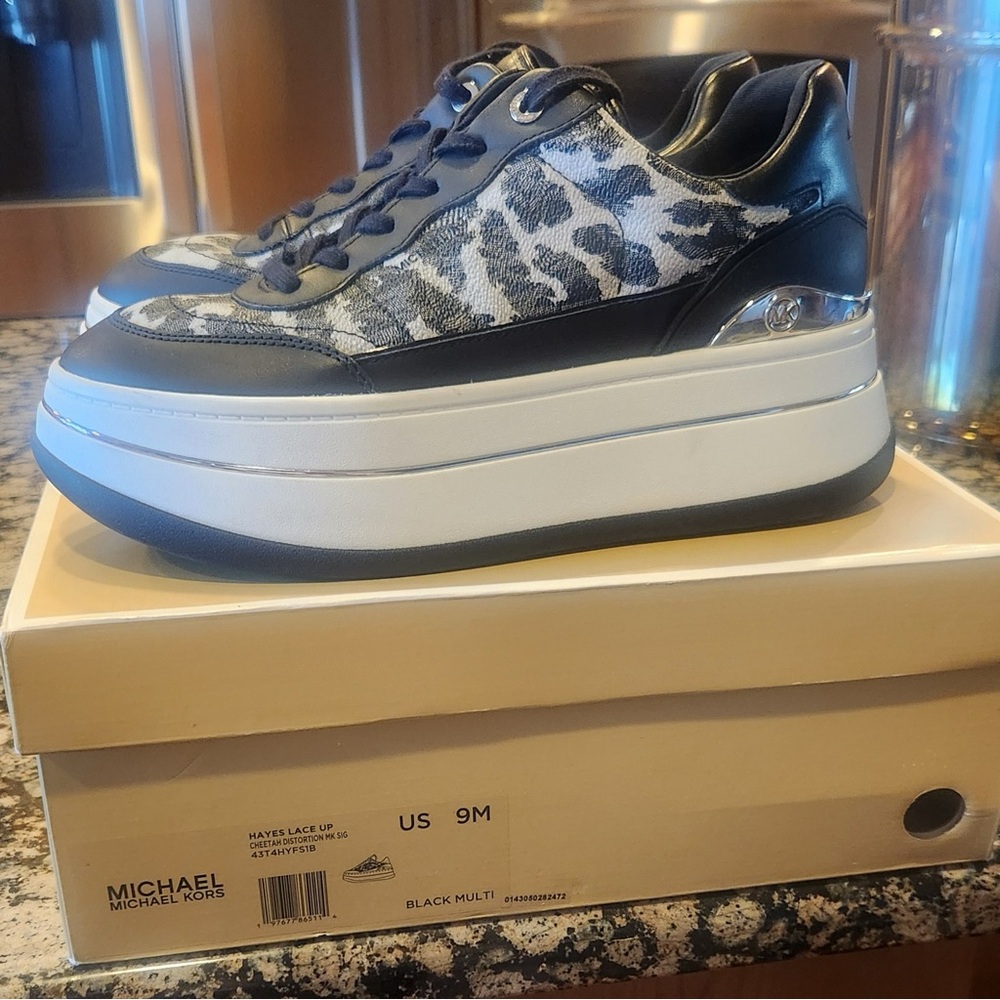 Michael Kors Black, Gray, & White Animal Print Platform Sneakers
